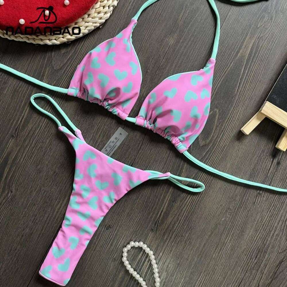 Nadanbao Sexy Heart Print Bikini Sets Women Fashion Backless Beach Party Swimwear Female Halter Plicated Two-Piece Swimsuit Z260206