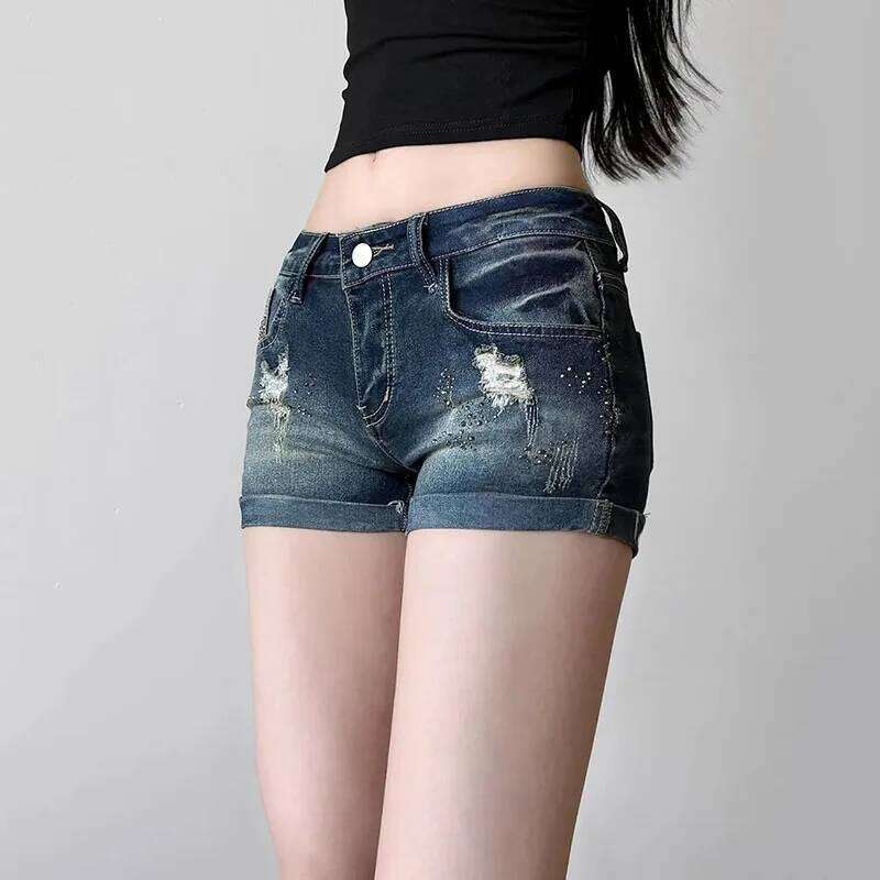 Summer Women Hole Denim Sexy Low Waist Slim Fit Hot Rhinestones Short Jeans Woman Retro Y2K Streetwear Roll Up Hem Shorts XJ260206