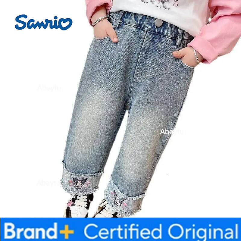 Sanrio Kuromi Girls Jeans Spring Autumn New Wear Outside Kawaii Cartoon Trousers Leisure Wide Leg Pants H260206