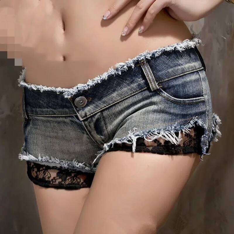 New Sexy Low Waist Women's Lace Patchwork Super Denim Shorts Nightclub Hot Pants C260206