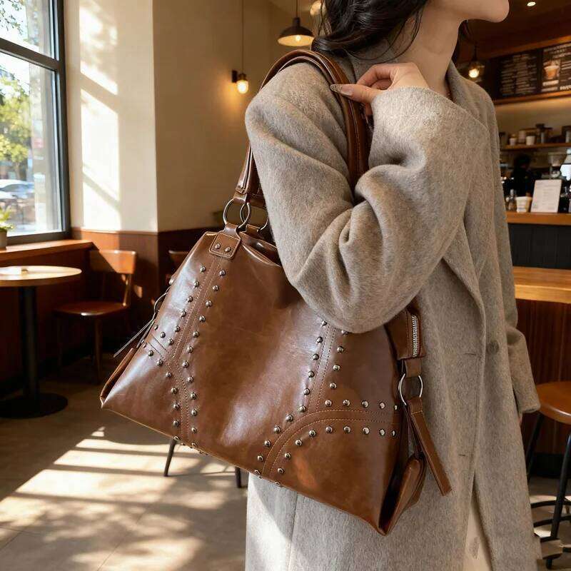 2025 Studded Shoulder Women, Large Tote Bag for Commute, Vintage Underarm Purse, Versatile Crossbody Handbag Y260205
