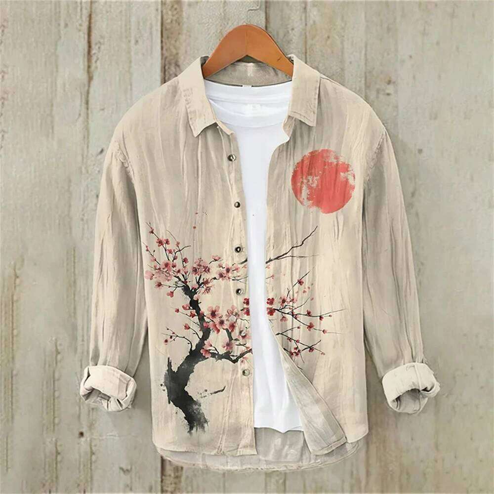 Long Sleeve Linen Shirt Japanese Vintage Plum Blossom Illustration Casual Loose High Quality Men's Clothing