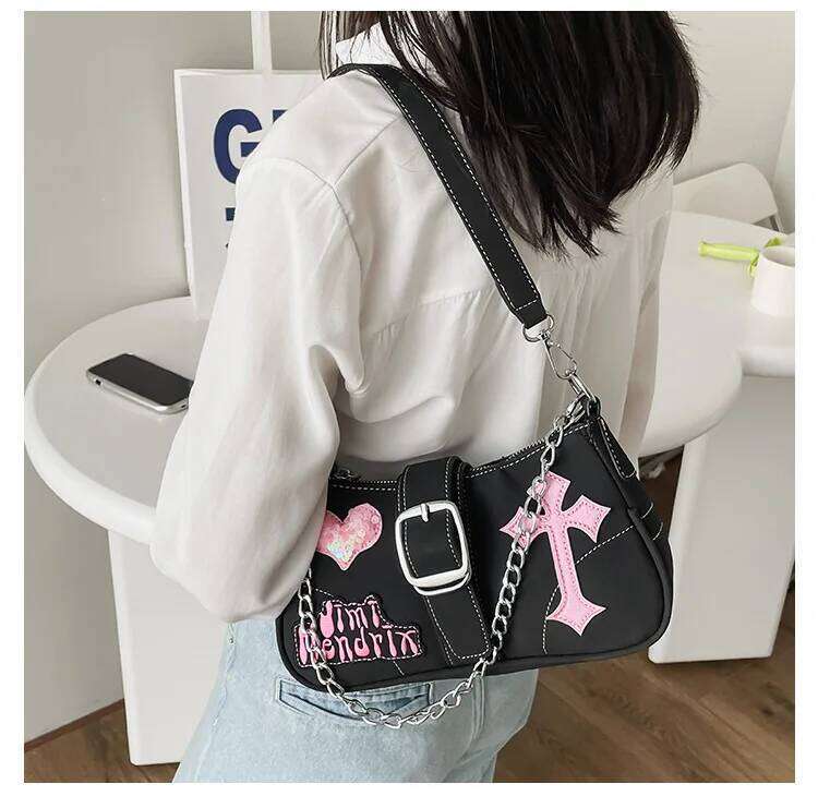 Y2K Sweet Cool Women's Underarm Hot Girls Pink Shoulder Bags Messenger Bag Retro Design Female Chain Purse Armpit Handbags Y260205