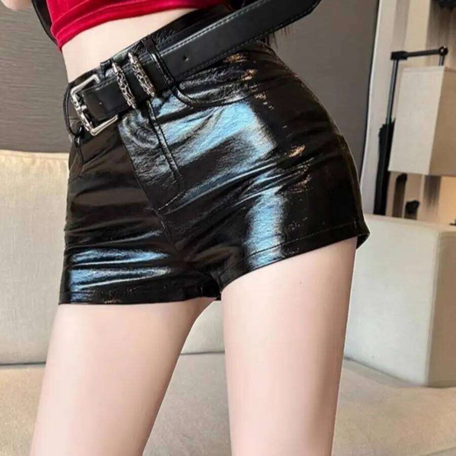 American Style Hottie Black Skin Casual Women Spring Bright Surface High Waist Tight Fitting Hip Sashes Comfortable Shorts H260206