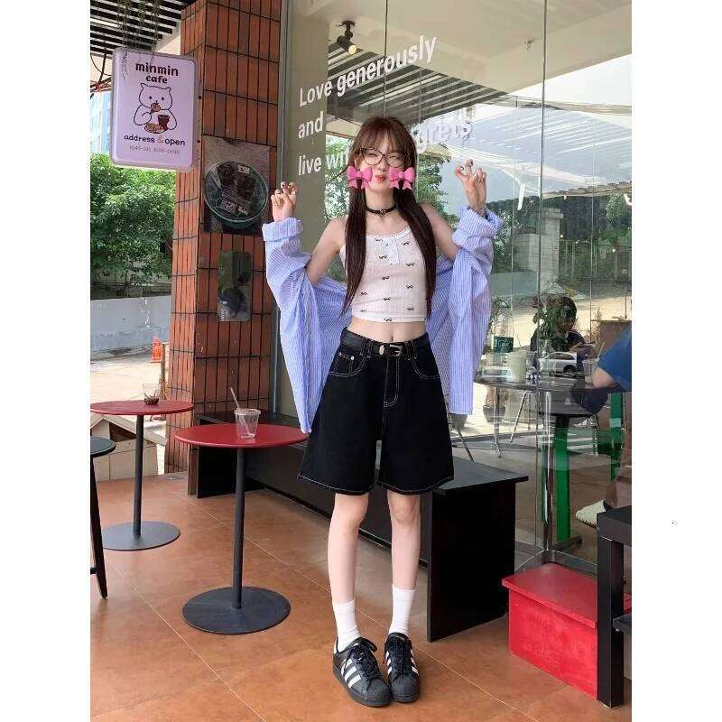 Denim Women's Straight Hong Kong Style Loose Black Mid-pants Summer Thin High-waisted Mid-length Shorts XJ260206