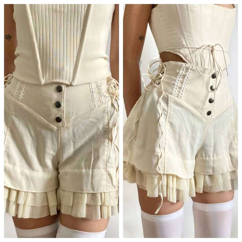 Girls Y2K Lolita Style Cute Sweet Soft Mesh Tiered Ruffle Wide Side Bandage Khaki Shorts Skirt Hot Pants XJ260206