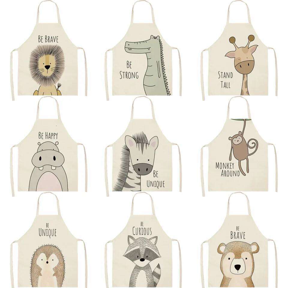 Kitchen Cooking Animal Print Aprons For Lion Elk Bear Fox Women Sleeveless Biking Bibs Pinafores Children Apron Home Bib S260205