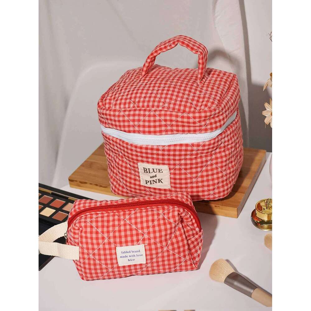 Large Capacity Cotton Makeup Women Checkered Brushes Storage Sweet Cute Travel Toiletry Bag Casual Ladies Soft Organizer Y260206