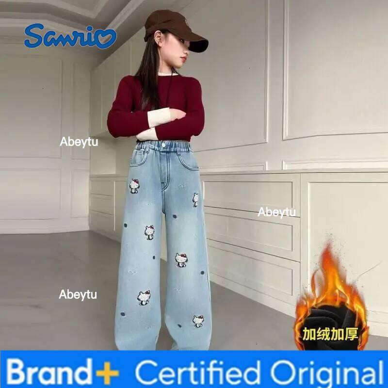 Sanrio Hello Kitty Jeans Girls Trousers Autumn Winter 2026 New Style Thickened Slim Fit Wide Leg Comfortable Pants Fashionable H260206