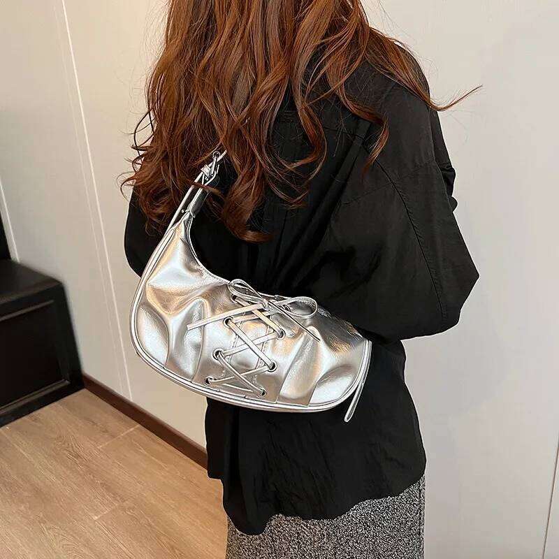 Cute Y2k Womens Shoulder Bags Retro Underarm Shiny Surface Fashion Elegant Sweet Lolita Designer Bag Bow Female Handbag Y260205