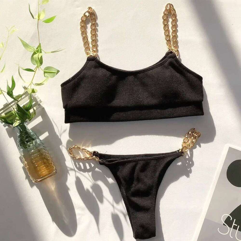 Sexy Micro Bikini 2025 Solid Black Push Up Bra Chain Metal Strap Swimsuit Brazilian Beach Bathing Suit Thong Swimwear Biquini XJ260206