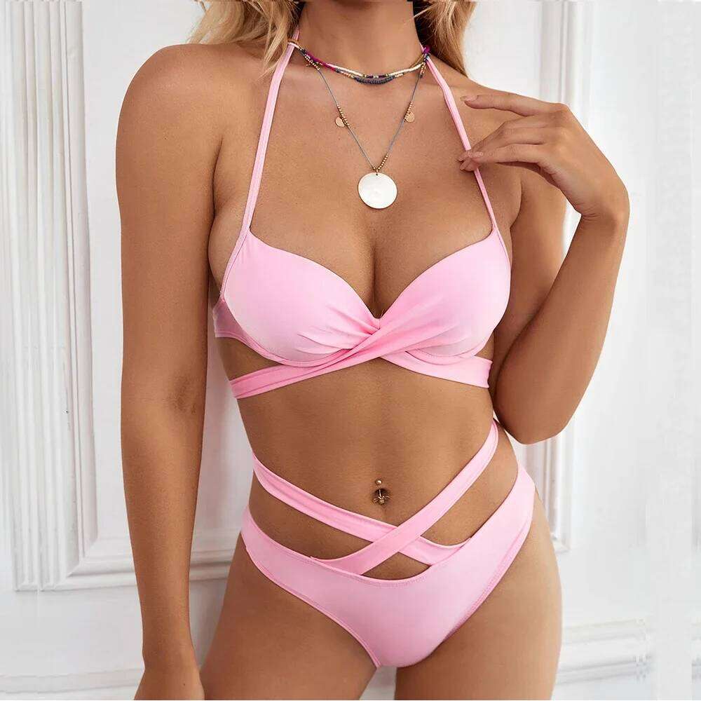 2024 new Cross strap Swimwear Women Low Waist swimsuit Push Up Padded set Sexy beachwear bathing suits Monokini bikini Z260206