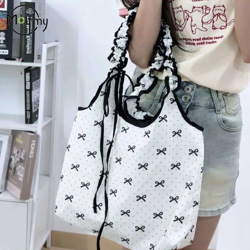 Bow Dot Print Women Bag Large Capacity Shoulder Bags Luxury Fairy Handbag Commuting Canvas Handbags Korean Style Cute Citybag Y260205