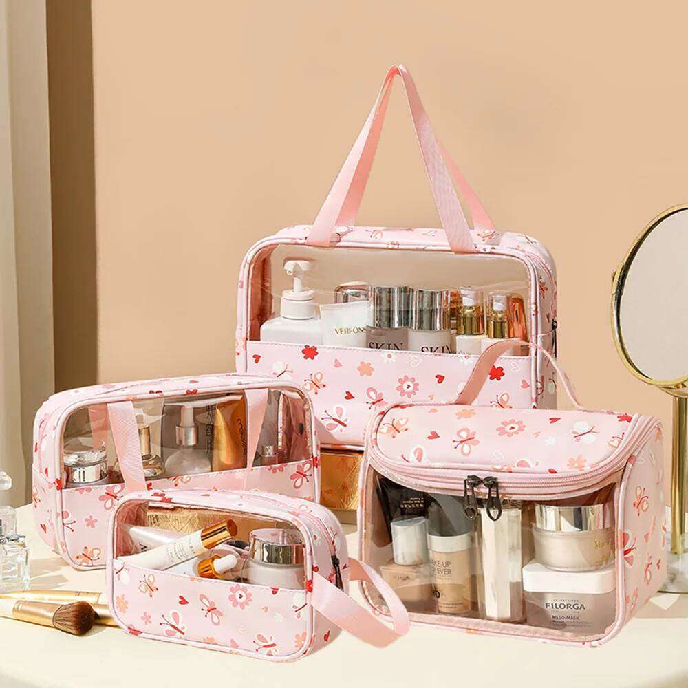 4PCS PVC Makeup Flower Printed Transparent Wash Handbag Waterproof Travel Cosmetic Pouch Convenient Toiletries Bag CoinPurse Y260206