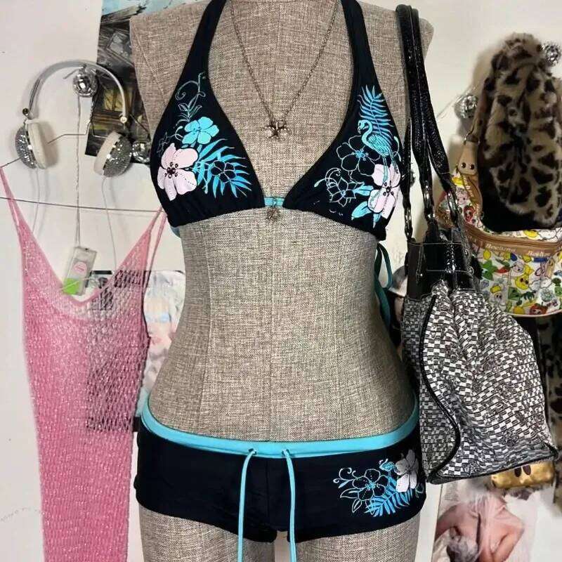 Retro printed cute set bikini sexy women's bath fashion camisole vacation low waist two-piece split swimsuit Z260206
