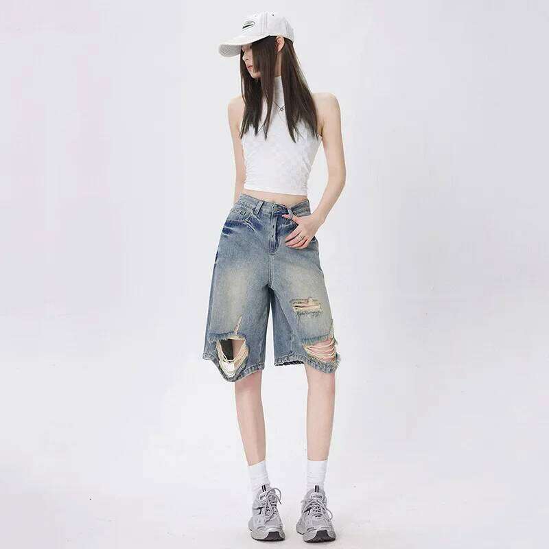 Denim Pants Women Shorts Distressed Knee Length Jeans Vintage Hole Ripped Wide Leg Jean High Waist Pockets Loose Casual C260206
