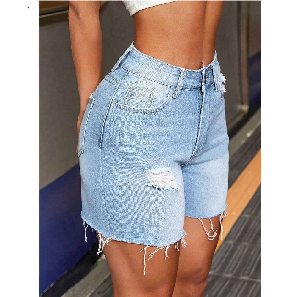 Women Summer Street Denim Shorts High Waist Ripped Hole Stretch Jean Short Pants XJ260206