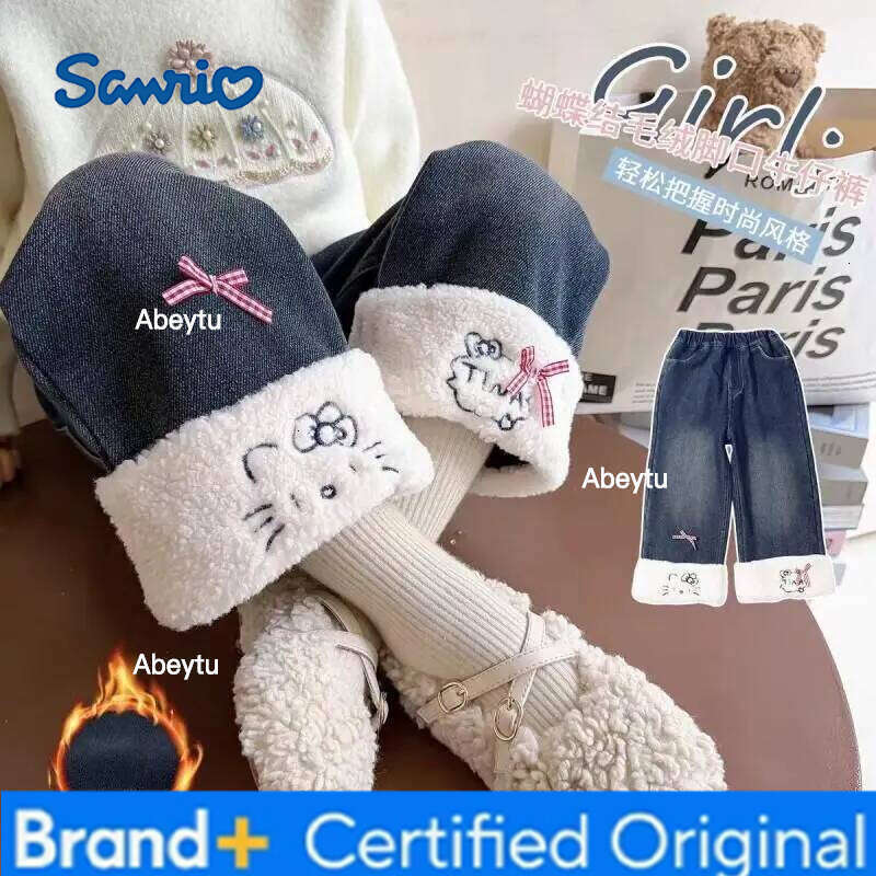 Sanrio Hello Kitty Jeans Warm Thickened Girls Children Baby Long Pants Autumn Winter New Casual Trousers Stylish Straight Leg H260206