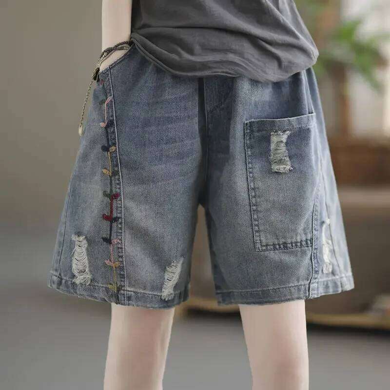 Vintage Jeans Women Summer Floral Embroidery Elastic High Waist Denim Design Wide Leg Trousers Blue Black Shorts XJ260206