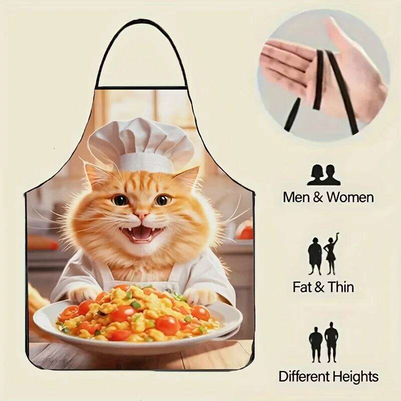 1pc Funny Cooking Chef for Men & Women - Polyester Kitchen with Cute Ginger Design, Cat Apron S260205 80d