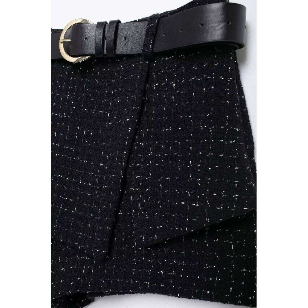 MUJER 2025 Belt Women's Sets High Waist Mini Black Textured Skirt Shorts Fashion Skort for Women H260206