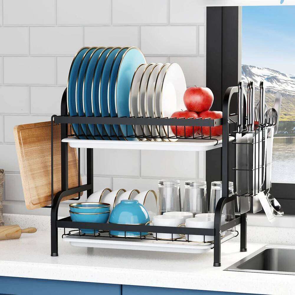 2 Tier Drainer with Drainboard Dish Rack Large Capacity Household Tray Box Basket Saving Space for Small Kitchen Countertop 26H0206