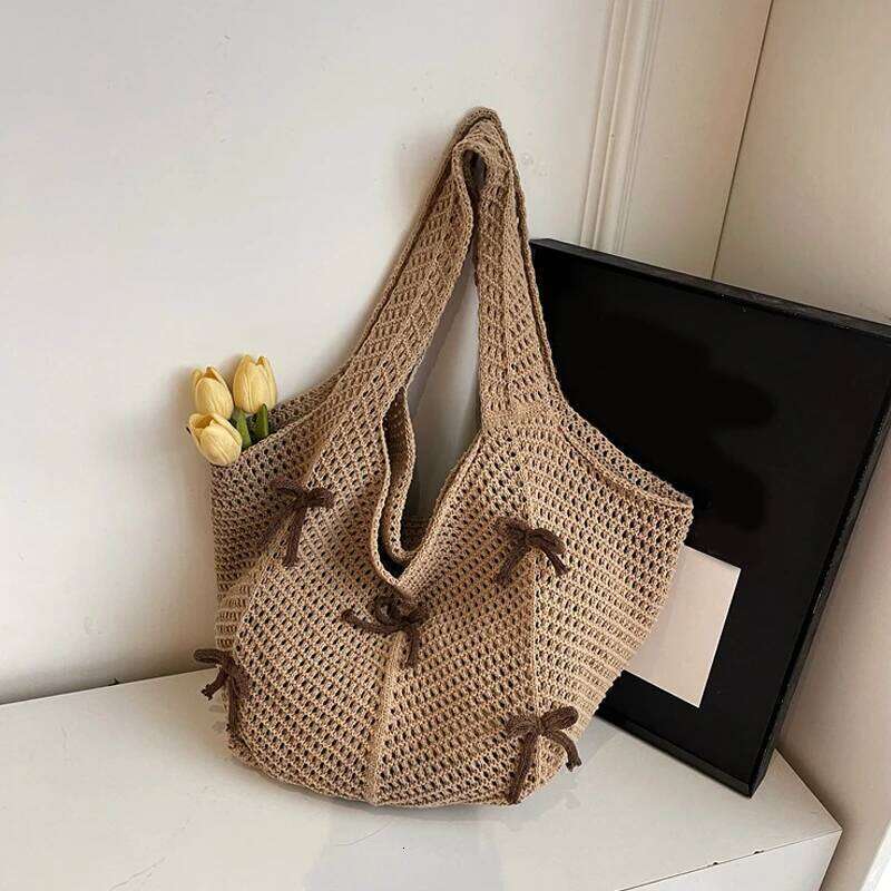 New Khaki Bow Vintage Knit High Quality Woven Large Capacity Daily Wear Shoulder Bag Ladies Hand Bags Y260205