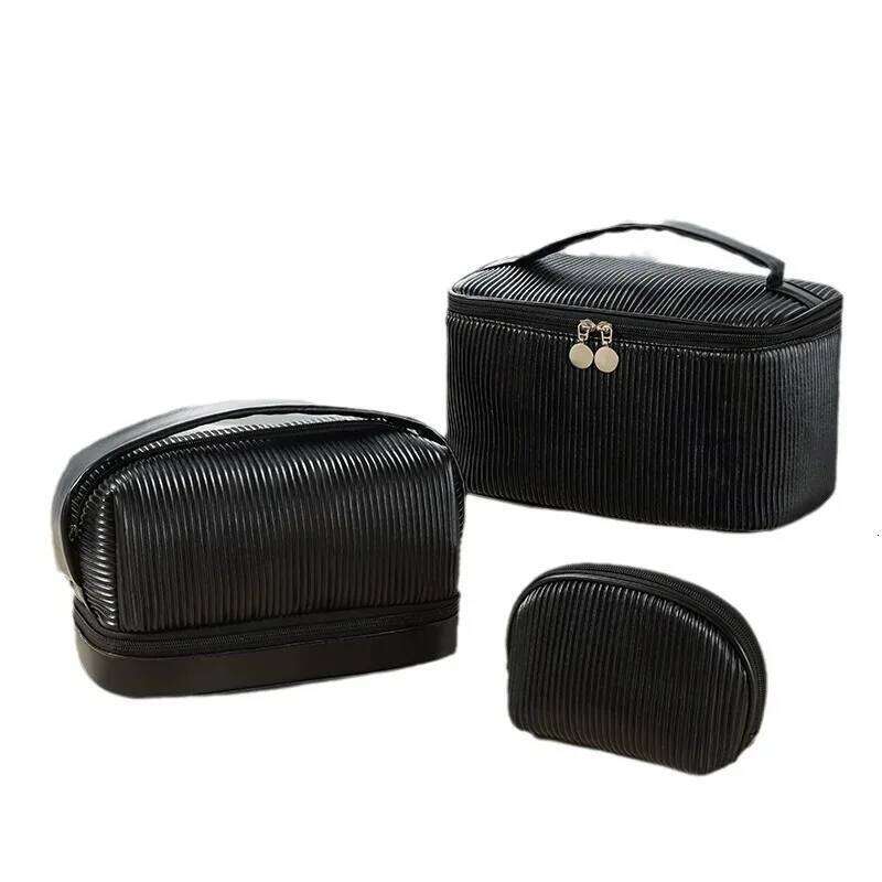 Butter toast cosmetic PU pleated toiletry travel portable storage bag large capacity double layer handbag Y260206