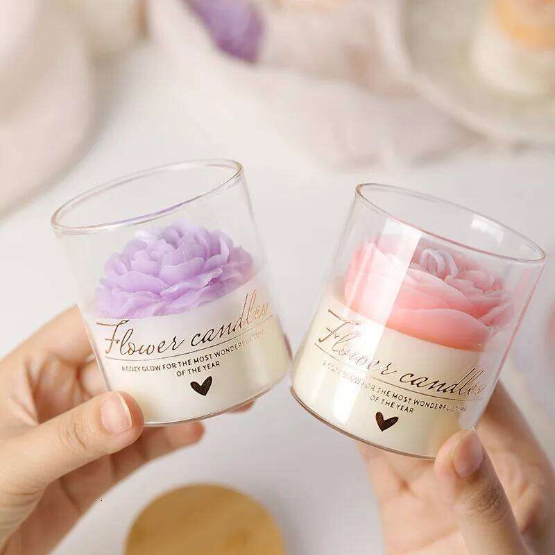 Simulated Peony Flower Glass Cup Wax Light Fragrance Scented Candle Ins Atmosphere Interior Decoration S260205