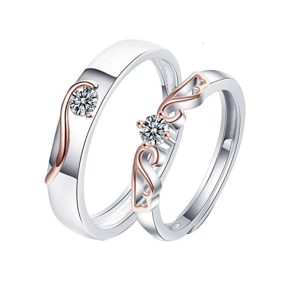 1 Pair Angel Wings Double Flying Adjustable Couple Ring Men Women Silver With Rose Gold Wedding Finger Jewelry Drop Shipping W260206