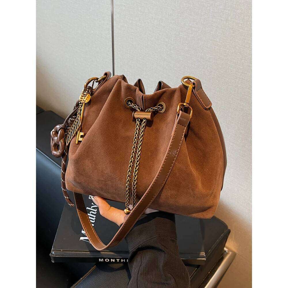 Women Vintage One Shoulder Bag Frosted Solid Drawstring Soft All-Match Bucket Bags High-Grade Versatile Commute Crossbody Packs Y260205
