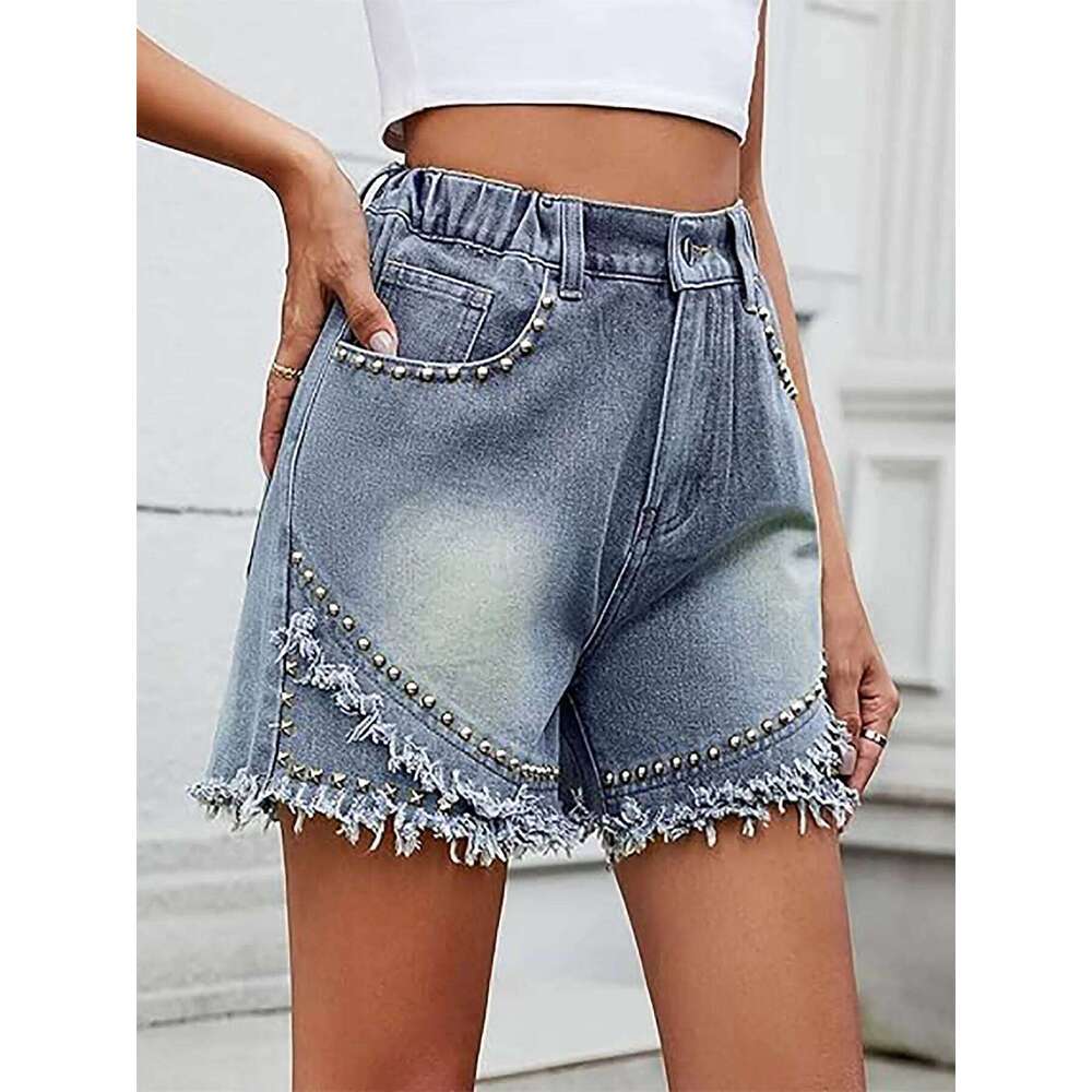 Denim Shorts Women Straight Jeans Stretch High Waist Rivet Distressed Pockets Washed Vintage Streetwear Female Short Pants 2025 H260206