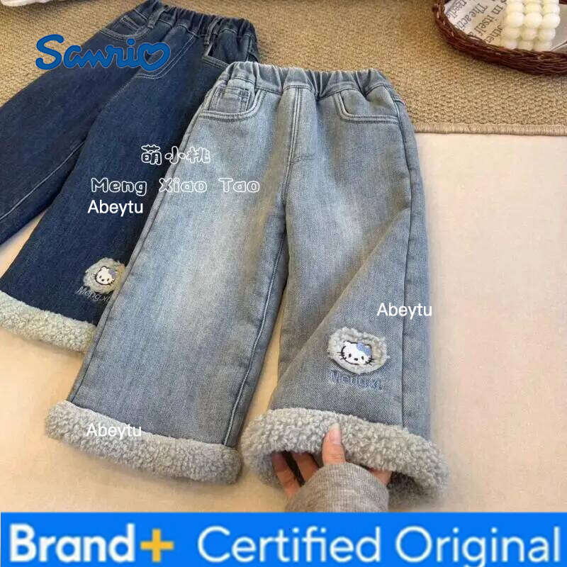 Sanrio Hello Kitty Alpaca Wool Fleece Lined Jeans for Girls and Children Autumn Winter Korean Style Sweet Fashion Denim Pants H260206