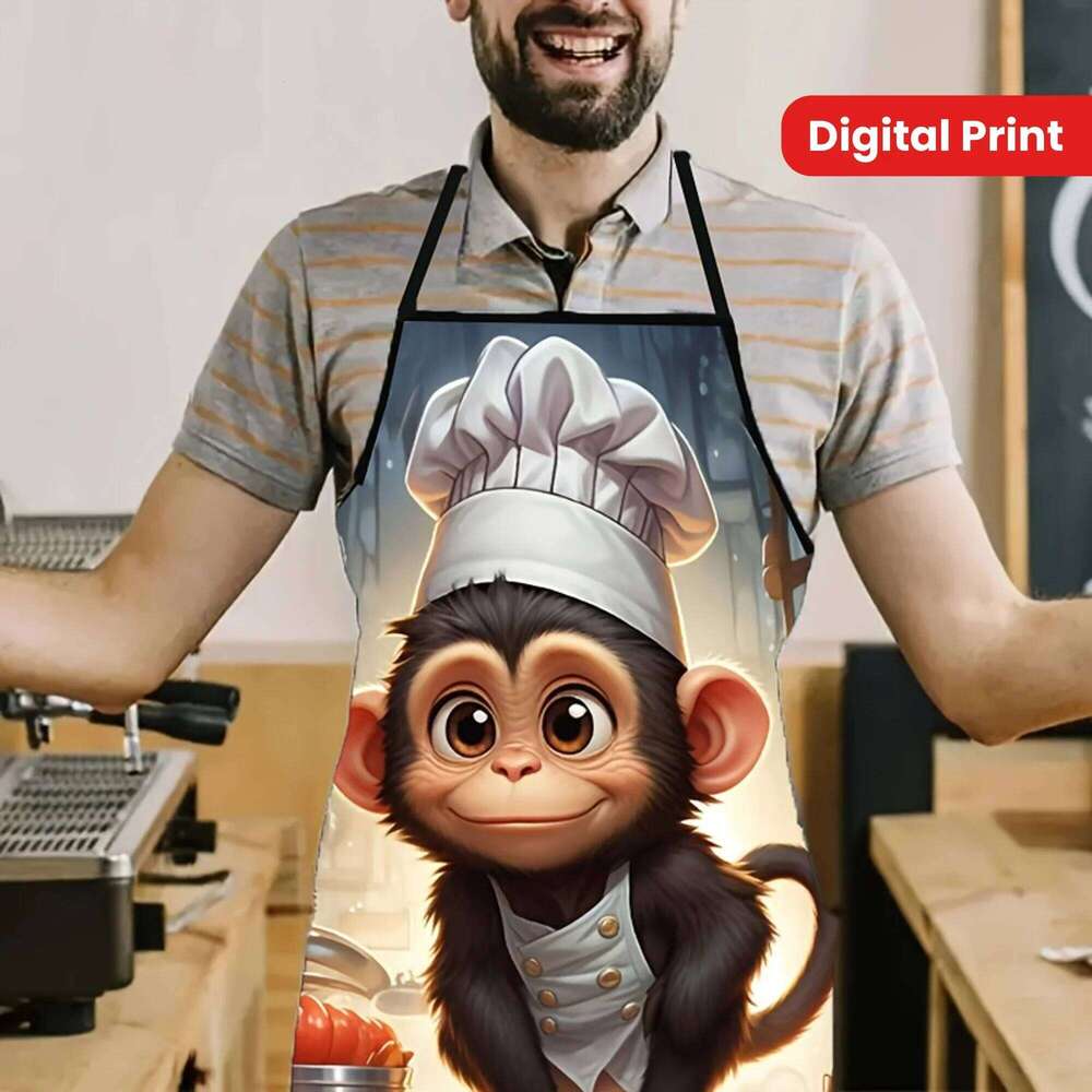 Funny Monkey Chef Hat Cartoon Kitchen Apron, Digital Print Design for Cooking & Dining S260205