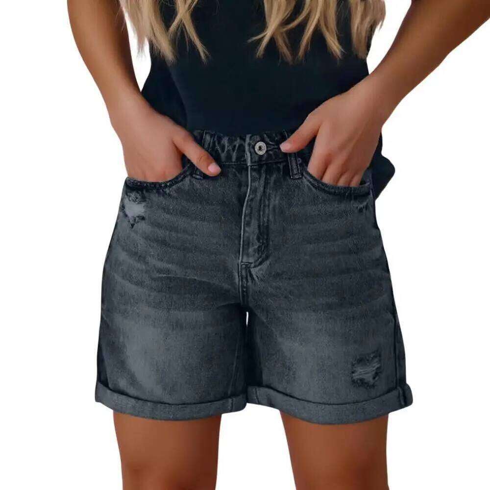Women's Split Denim Summer Beach Wild Fashion Sexy Mid Waist Curled Cuff Perforated Elastic Slim Fit Casual Shorts C260206