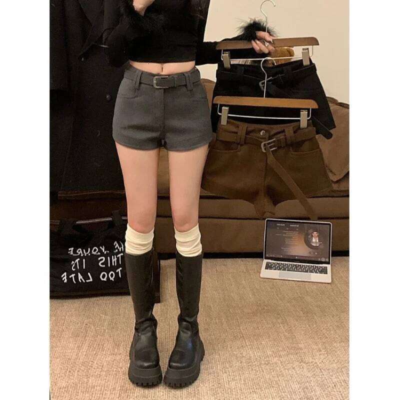 American Hot Girl Coffee Color Tweed Shorts Women Autumn Winter New Style Fashion Low Waist Straight Wide Leg Casual Pants XJ260206