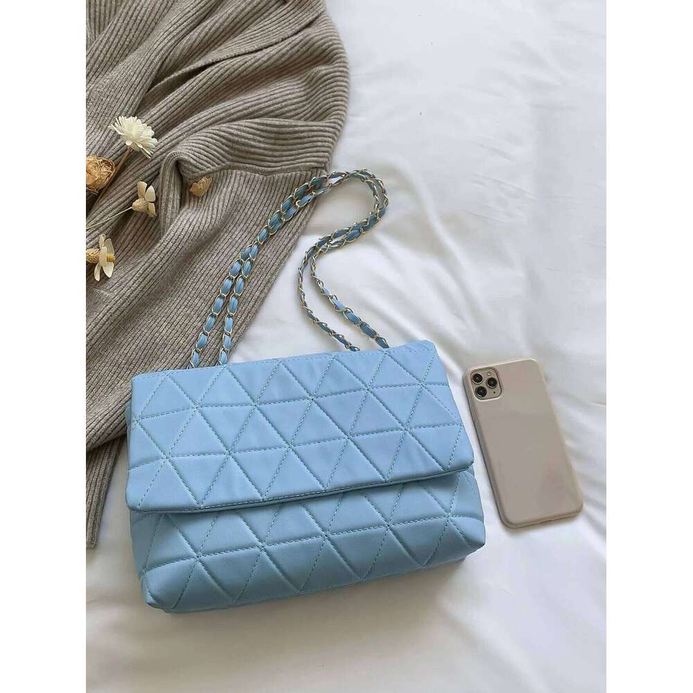 Fashion Blue Pu Flap Golden Large Capacity Niche Geometric Handbag Women's Embroidery Thread Metal Chain Shoulder Bag Y260205