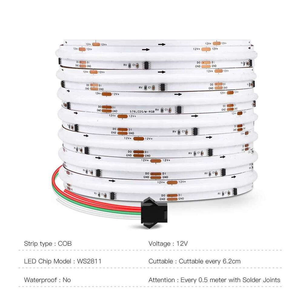 FCOB RGB WS2811 IC COB LED Strip Light 12V 576LEDs/m RGBIC Pixel Addressable Dream Color Flexible Ribbon Tape Neon Lamp Z260206