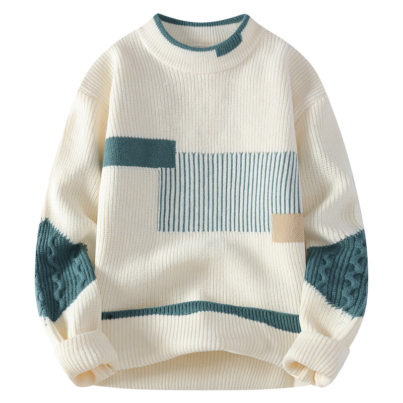 2026 New Men's Semi-Turtleneck Sweater, Korean Style Loose Fit Color-Block Knit Pullover, Fashion Winter Top