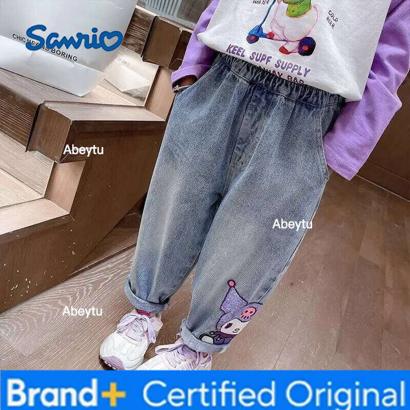 Sanrio Anime Girl Spring and Autumn Cartoon Cute Glitter Kuromi Fashion Baby Sweet Cool Soft Jeans Children's loose casual jeans H260206