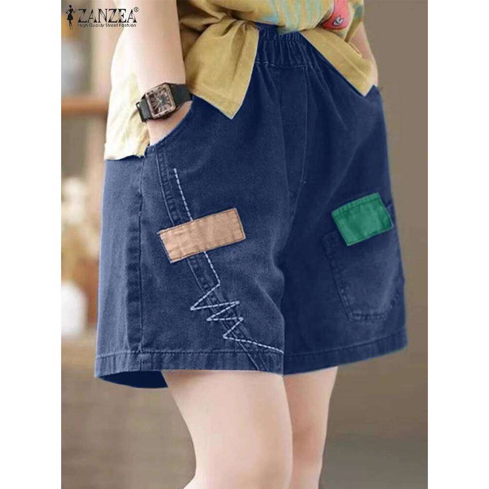 2025 ZANZEA Fashion Women Shorts Summer Casual Elastic Waist Baggy Trousers Loose Work Pantalon Vintage Patchwork Holiday Pants C260206