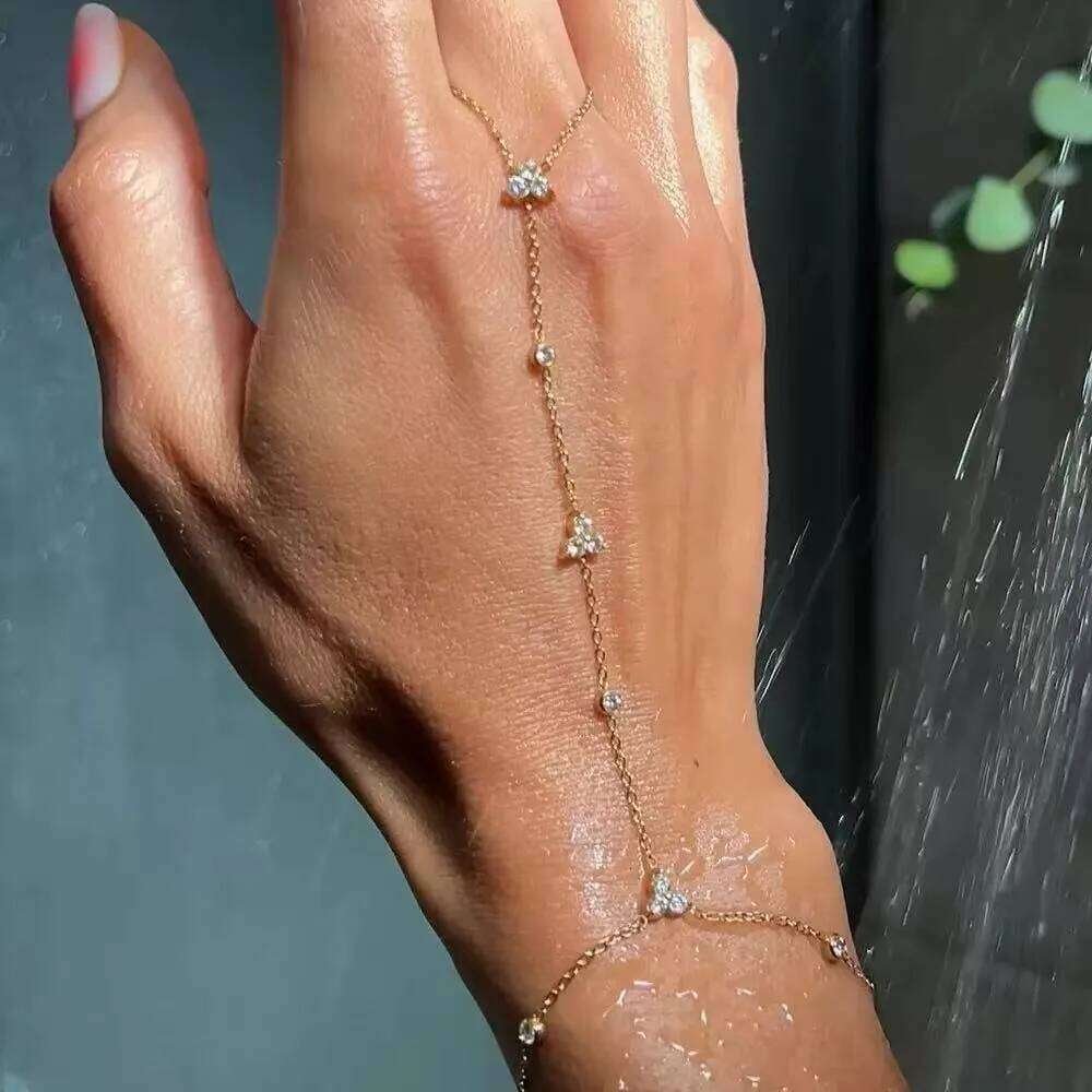 Simple Personality Gold Color Stainless Steel Y Chain Zircon Inlay Adjustable for Women Ring Connect Bracelets Jewelry 26H0206