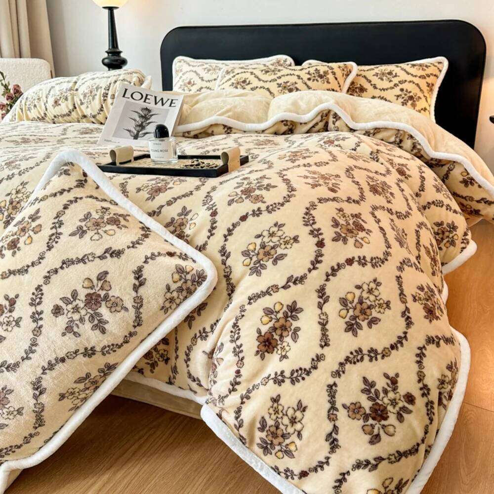 Winter Warm Milk Velvet Bedding Luxury Floral Printed Duvet Cover Pillowcase Bed Sheet Double Queen Thickened Four Piece Set XJ260206