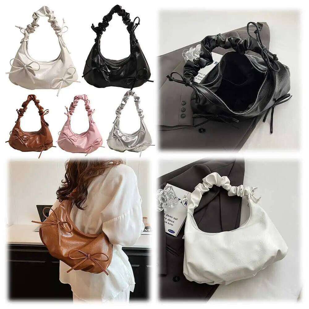 PU Leather Shoulder Bowknot Women Pleated Handbag Zipper Cloud Bubble Tote Bag for Shopping Work Travel Y260205