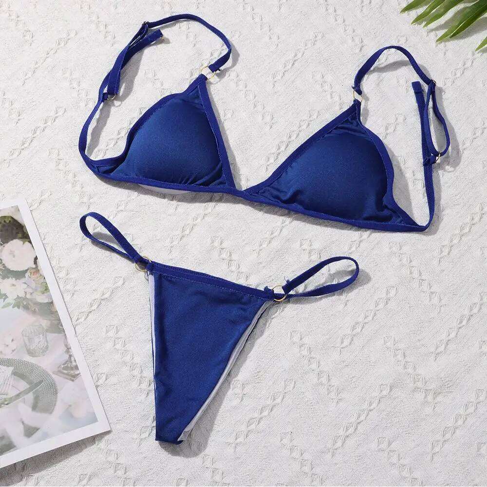 Ladies Sexy Solid Color Metal Buckle Decorated Set Woman Sling Backless Bikini Vacation Beach Swimwear Z260206