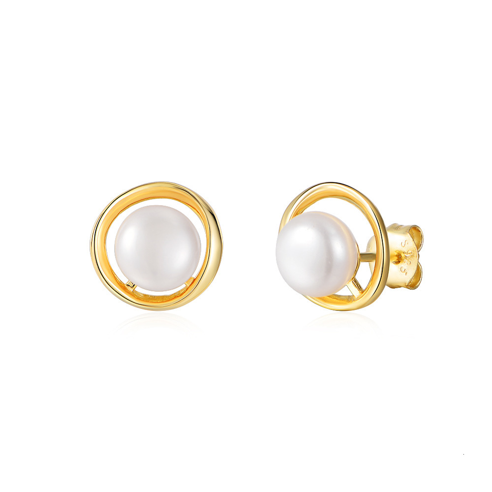 French-style round natural pearl sterling silver stud simple elegant, versatile earrings, fashion, high-end earrings for women