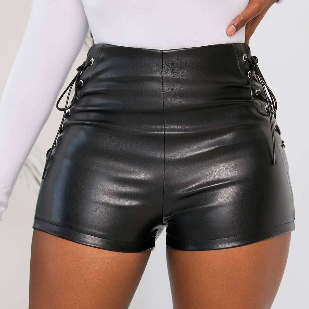 Sexy Black PU Fashion Casual Summer Women Faux Leather Lace Up Goth Club High Waist Shorts Y2K Slim Short Pants Ecoparty XJ260206