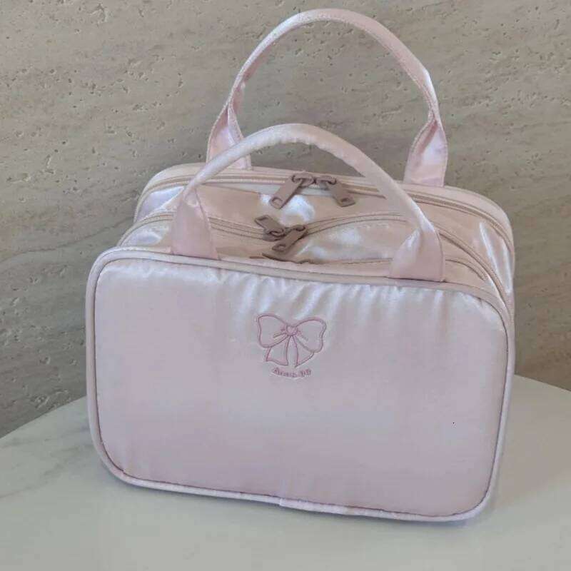 Pink High Capacity Cute Cosmetic Bow Embroidery Casual Makeup Multilayer Versatile Toiletry Travel Storage Bag Women Y260206