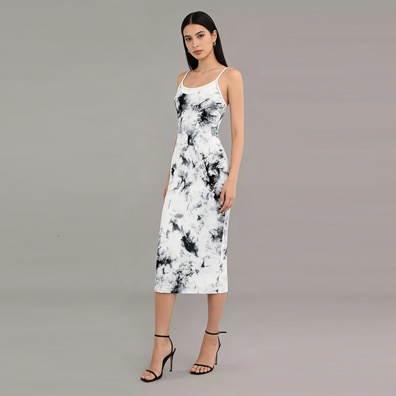 Women's Milk Silk Camisole Dress Ink Wash Print Slim Fit Bodycon Midi Dress for Daily Commute