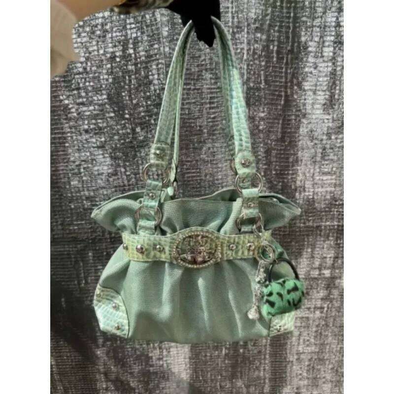 Belt Design Streetwear Green Zipper Y2k Girl Shoulder Pleated Fashion Underarm Bags Rivet Gothic Women's Handbags Y260205